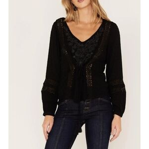 Idyllwind Romance Floral Embroidered Swiss Dot Black Blouse